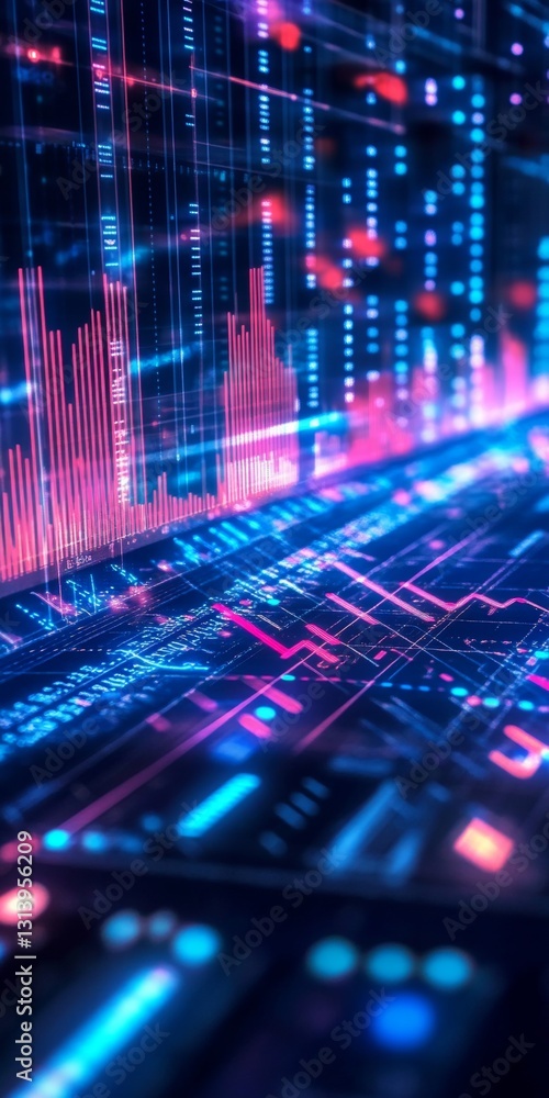 Poster colorful digital data visualization with dynamic graphs and patterns in a technology environment