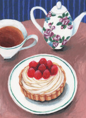 オイルパステルで描いたラズベリータルトとティーポットと紅茶のイラストレーション