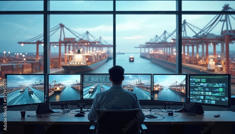 Poster pro monitors port operations from modern control room with multiple screens showing live feeds of co