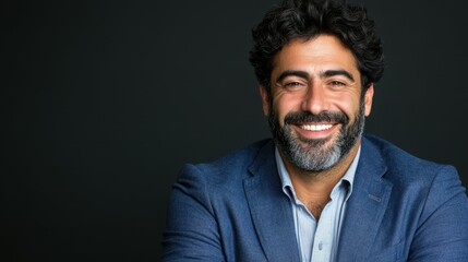 Fototapeta premium A man with a thick beard wears a blazer and smiles confidently while posing against a dark backdrop. The setting suggests a professional or studio atmosphere