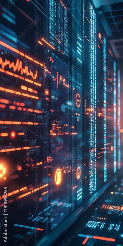 Poster futuristic data center with neon lights and high-tech server rack in cybernetic environment