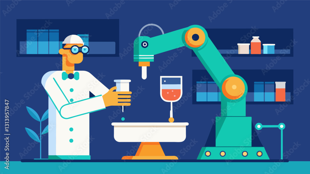 Poster in a futuristic laboratory a robotics arm precisely measures and dispenses small amounts of a petrol
