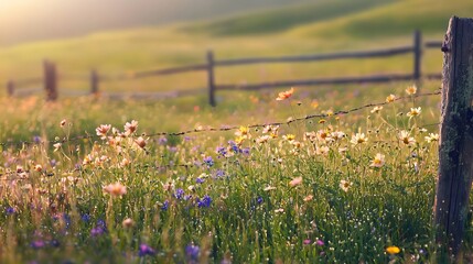 Fototapeta premium Field of Wildflowers with Rustic Fence and Soft Light at Dawn
