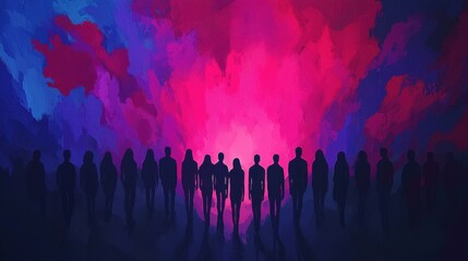 Silhouetted Figures Against Vibrant Abstract Colorful Background