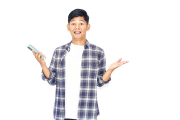 Surprised Young Man Holding Mobile Device White Background with Plaid Shirt Style Photo of Person