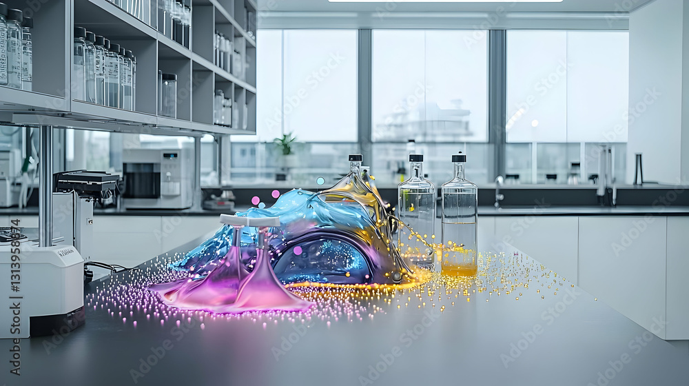 Poster dynamic splash of colorful liquids in modern laboratory with advanced equipment