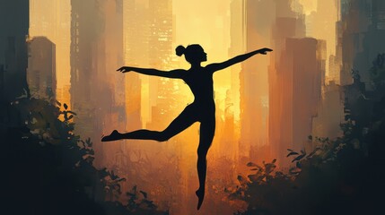Naklejka premium Silhouette of a Dancer Against Urban Sunset Background