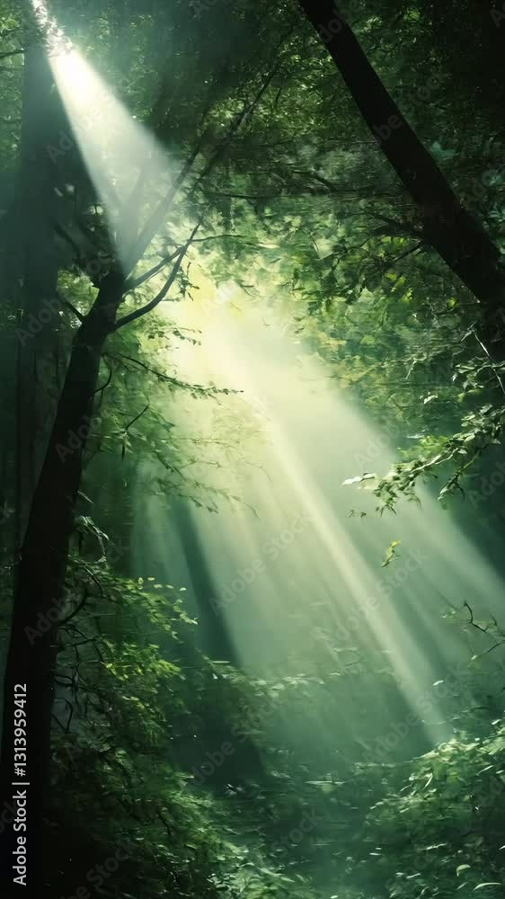 Poster sunlight filtering through dense forest trees creating a serene and tranquil atmosphere in nature