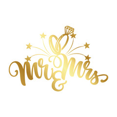 Mr and Mrs cake topper. Gold glitter gradient color.