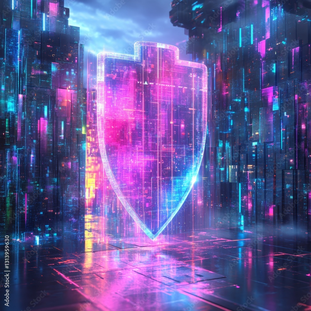 Aufkleber this vibrant image features a futuristic digital shield illuminated by neon lights, set against an a