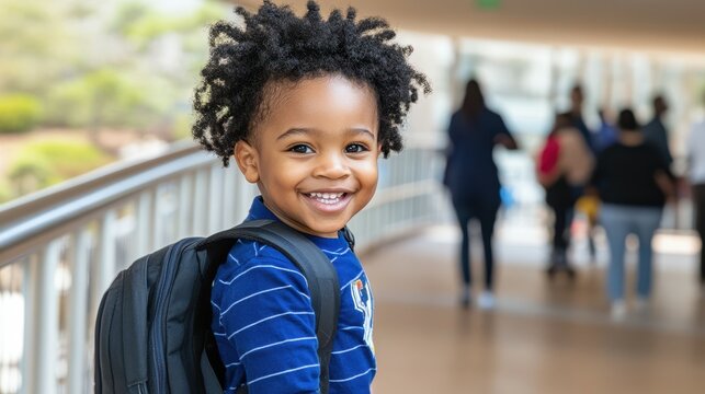 A cheerful young boy with curly hair and a backpack stands in a bustling corridor, smiling brightly while surrounded by other children and adults during school hours