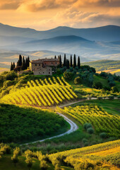hills and vineyards and olive trees of Tuscany, Italy, at sunrise. The landscape is bathed in soft golden light with a rustic farmhouse nestled among cypresses and vines