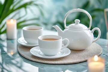 Fototapeta premium Delicate White Tea Set with Cozy Atmosphere
