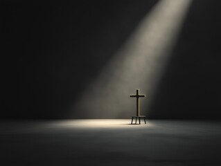 Naklejka premium A wooden cross is sitting on a stool in a dark room