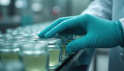 Hand in blue rubber glove arranges jars with liquid on conveyor. Quality control of ingredients in cosmetic pharmacological production line on factory. Healthcare, science background.