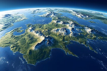 Aerial view of a lush, mountainous island surrounded by clear blue ocean under a bright sky