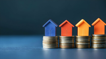 Colorful Miniature Houses on Stacks of Coins