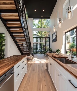 The small cottage home features a kitchen in a modern rustic farmhouse style