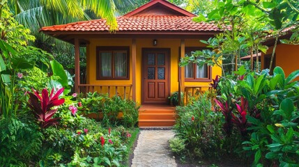 Obraz premium Charming Tropical Cottage Surrounded by Lush Greenery and Flowers