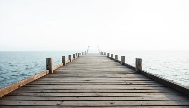 Old wooden dock stretches towards calm sea under bright white sky. Straight perspective pier boardwalk with railings leads to horizon. Empty tranquil bay with smooth water. Perfect place relax,