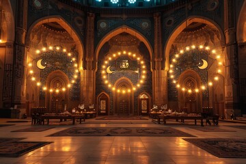 Obraz premium Ultra realistic photo of mosque decorated for Eid celebrations featuring intricate Islamic calligraphy crescent moon lights and beautifully arranged feast tables
