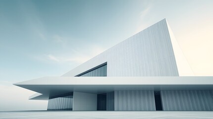 A modern white building with a sharp triangular facade is captured against a bright sky, showcasing its unique design and minimalist aesthetic.