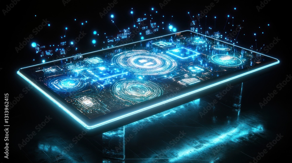 Poster futuristic interactive table glowing with data