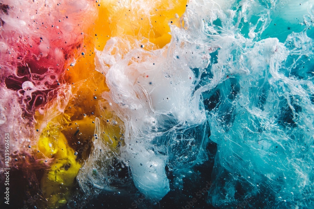 Poster a stunning display of vibrant colors swirling and blending in water, creating an abstract masterpiec