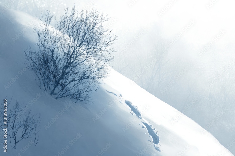 Poster this tranquil snowy landscape features bare trees emerging from soft mist, creating a serene and cal