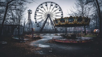 Gothic Twilight at Abandoned Amusement Park with Silent Attractions