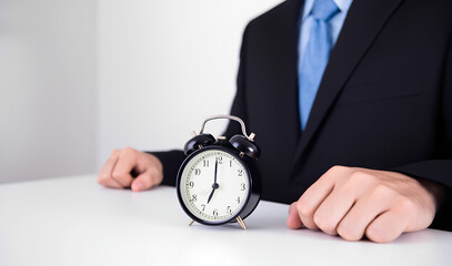 Punctuality in Business: A detail shot capturing a suit-clad individual's hands resting near a classic alarm clock, emphasizing time management, deadlines.