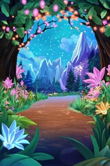 Obraz premium Floral path leads to snowy mountains under starry night sky, trees above, magical and enchanting scene