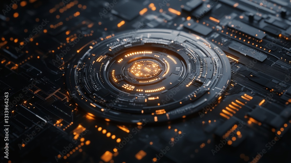 Poster a visually striking abstract design featuring a futuristic circuit board with luminous orange elemen