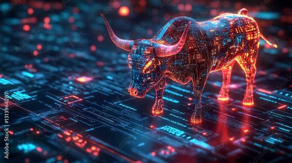 Poster digital bull stands on circuit board, surrounded by glowing data points