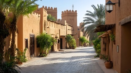 Charming Alleyway in Historic Moroccan City with Warm Tones and Architectural Details