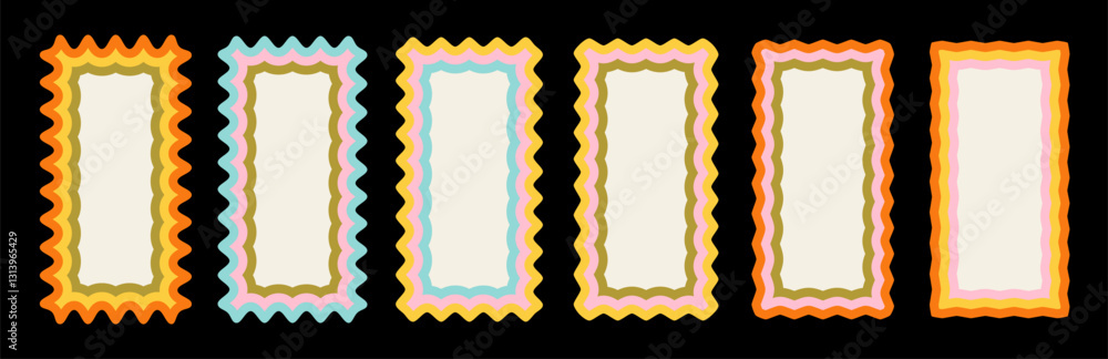 Poster wavy frame borders. scallop shape line picture frames. vector colorful wave rectangle bg set. kid gr
