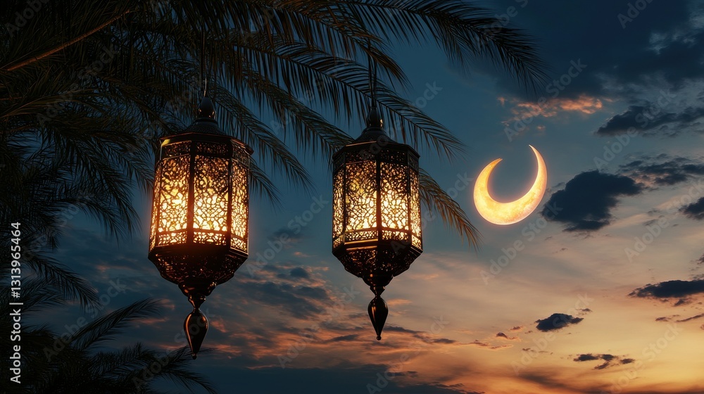 Poster illuminated lanterns hanging from a palm tree beneath a crescent moon