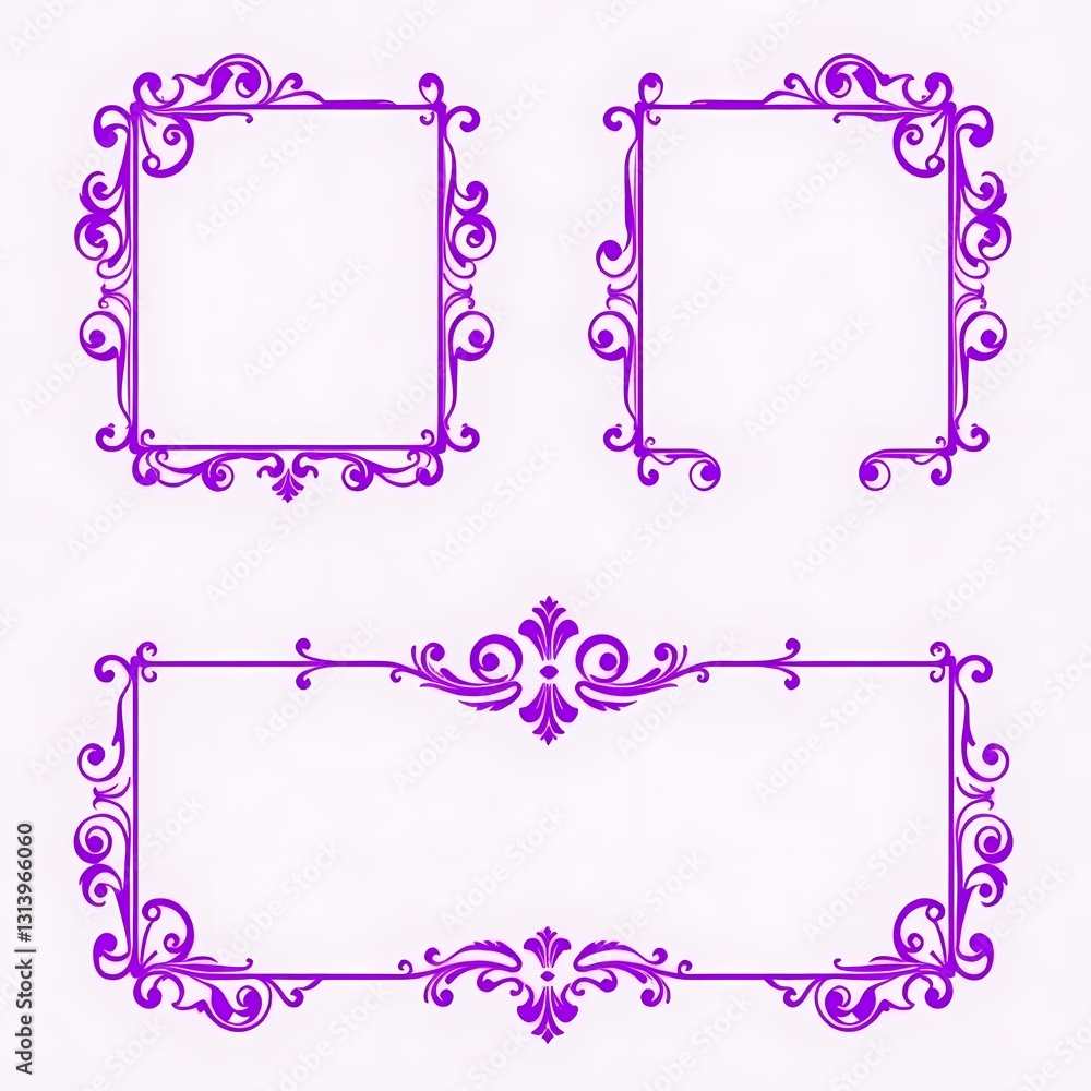 Poster decorative purple frames: set of three elegant purple frames with ornate floral and scroll designs, 