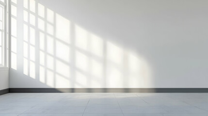 Sunlit Minimalist Interior With Bright White Wall And Grey Concrete Floor In A Modern Empty Room With Window Light