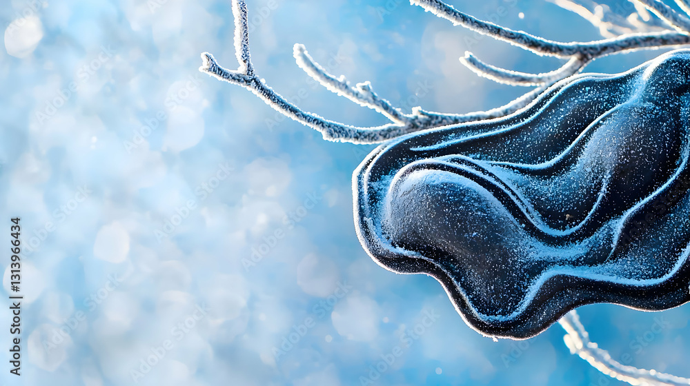 Poster close up of frost covered branch with sparkling bokeh background in winter wonderland