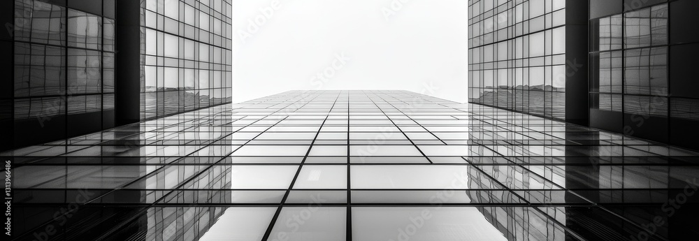 Poster the geometry of architecture is reflected in a monochrome glass window