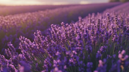 Obraz premium A vibrant lavender field at sunset.
