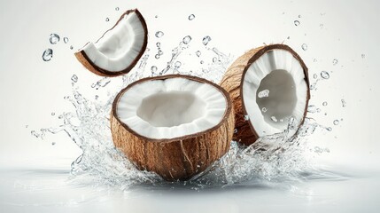 Freshly Cracked Coconuts Surrounded By Splashing Water Elements