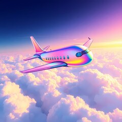 Obraz premium Airborne Dreamscape: A futuristic, iridescent airplane soars gracefully above a sea of soft, fluffy clouds at twilight, blending technology with fantasy. 