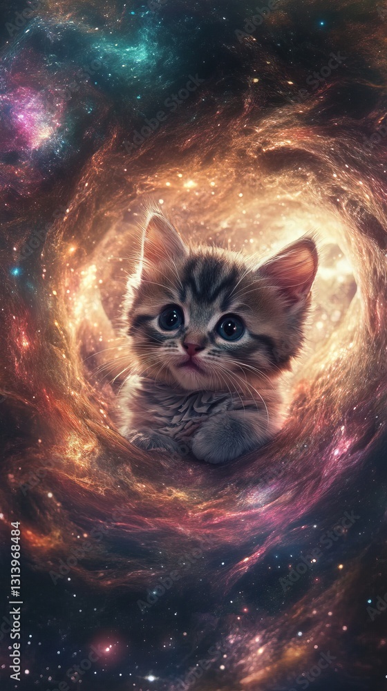 Poster a kitten is sitting in a spiral shaped hole in the sky. the kitten is looking up at the sky and he i