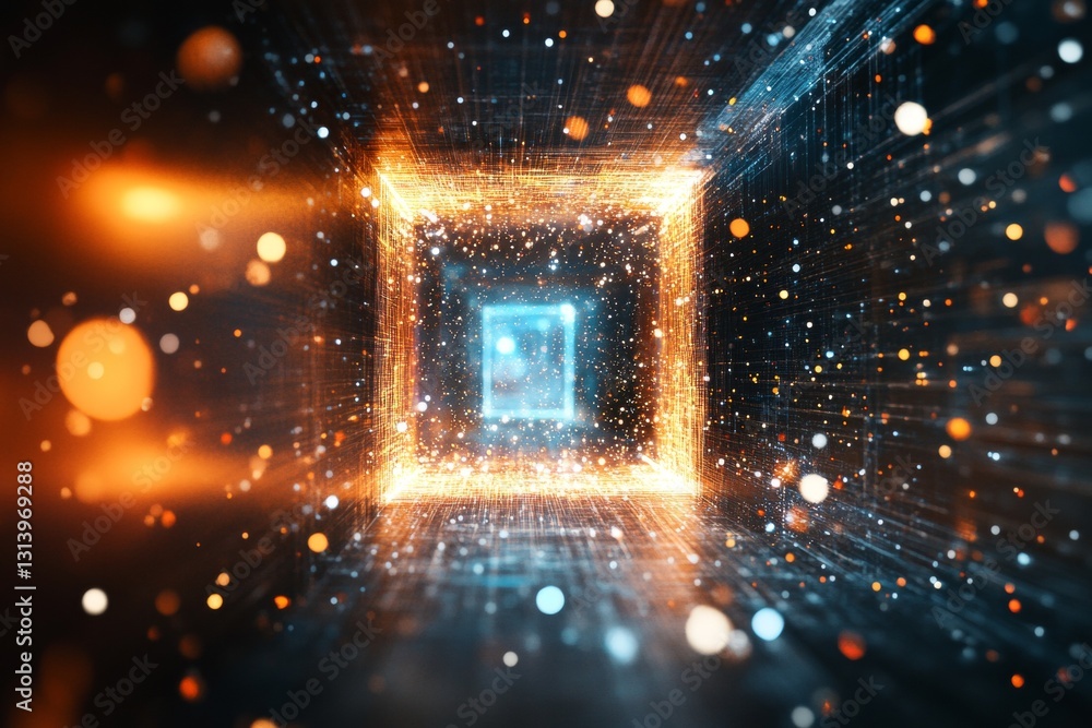Poster futuristic digital tunnel with glowing particles and lights creating a depth of field effect
