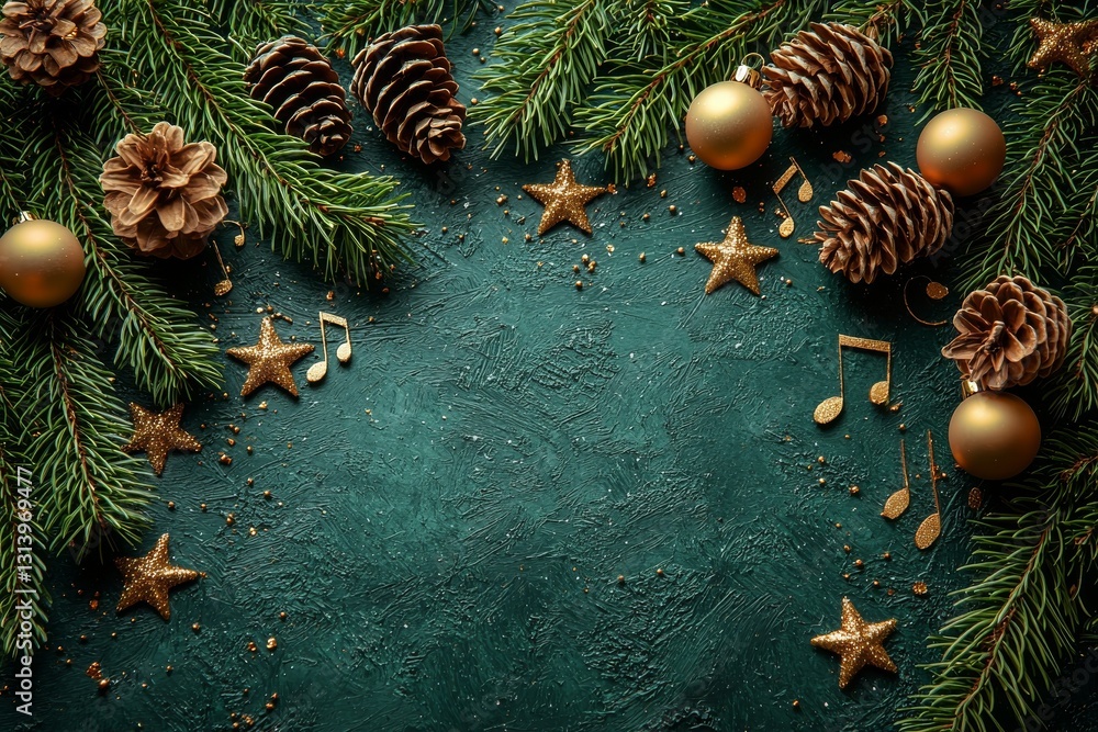 Poster christmas music concept represented through a flat lay composition of fir tree branches and notes on