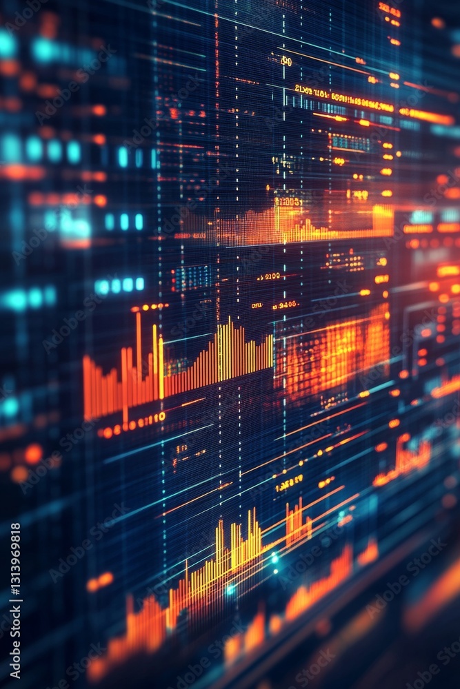 Poster abstract digital data visualization with glowing elements in orange and blue tones
