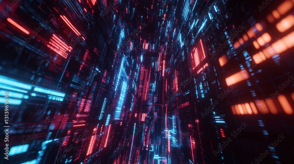 Poster futuristic abstract digital landscape with glowing red and blue lights creating a dynamic atmosphere