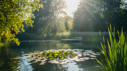 A sunlit pond with a small wooden dock and lily pads floating on the water.
